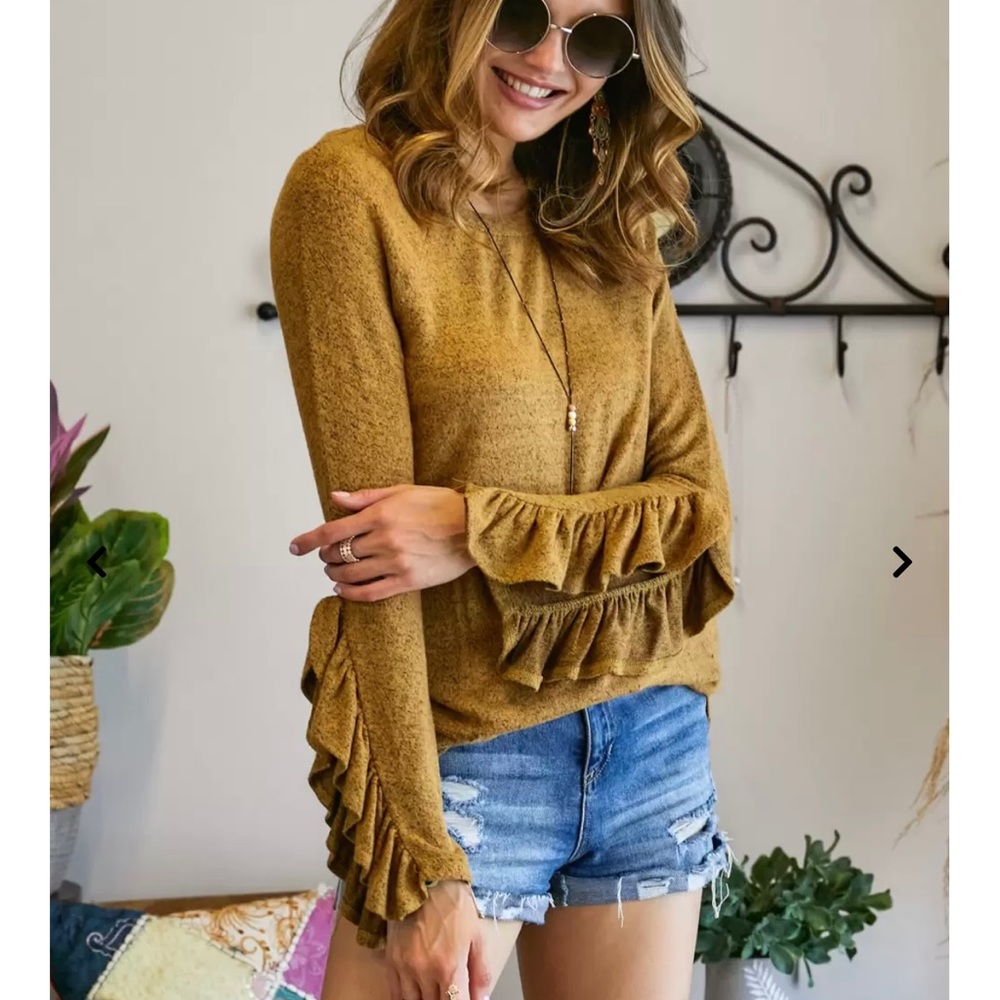 NWT Adora Marigold Yellow Open Ruffle Long Sleeve Round Neck Stretch Top S L